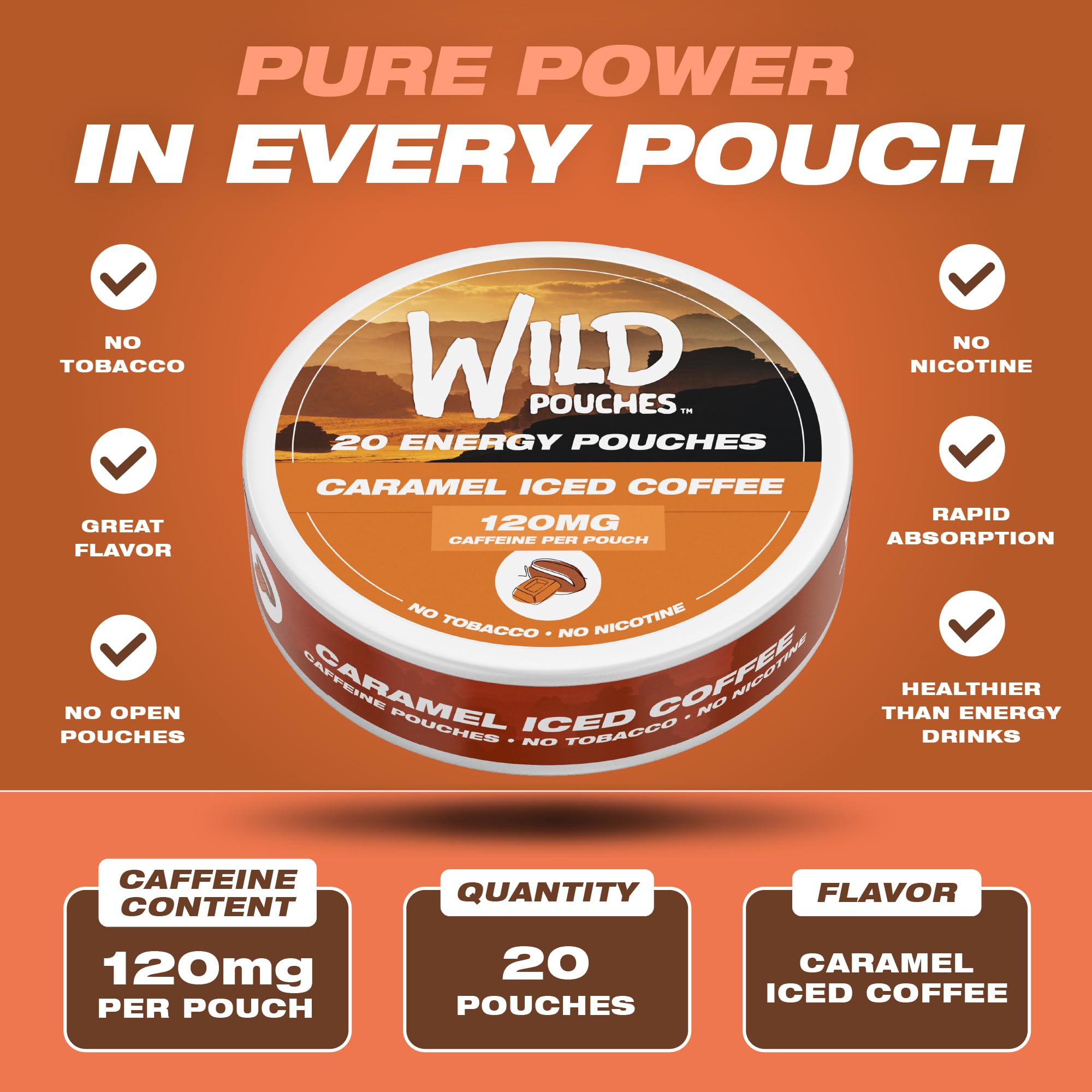 Close-up of Wild Pouches energy pack highlighting caffeine content