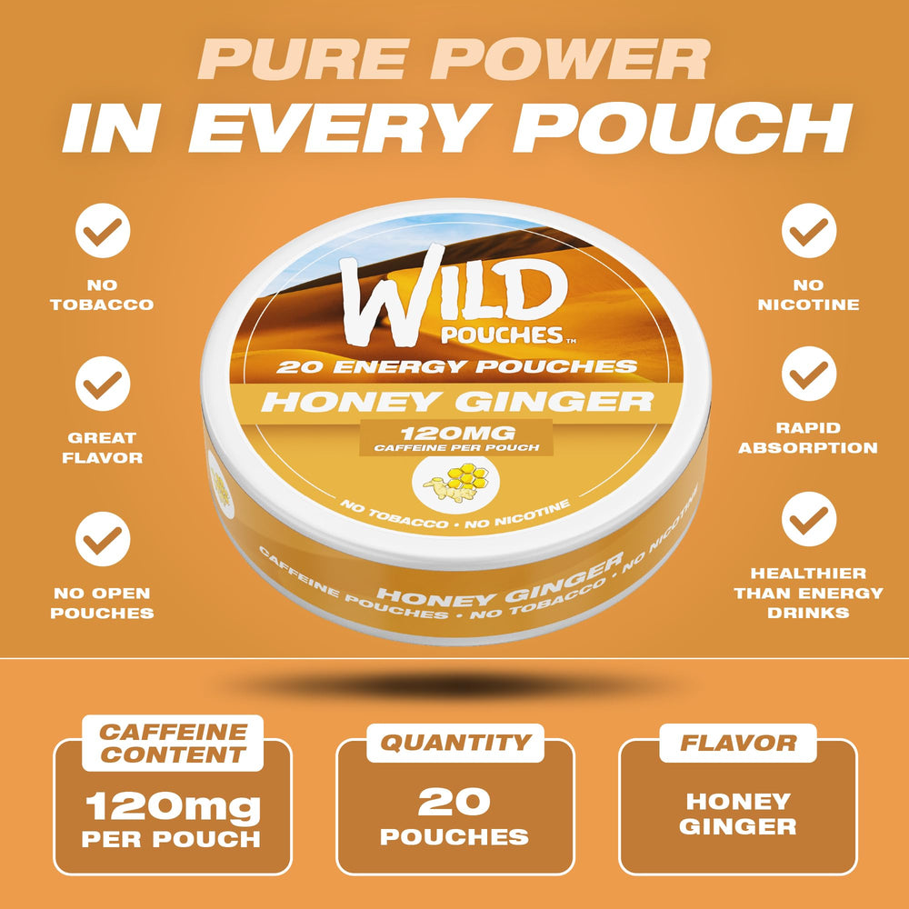 Close-up of Wild Pouches Honey Ginger caffeine pouch for quick use
