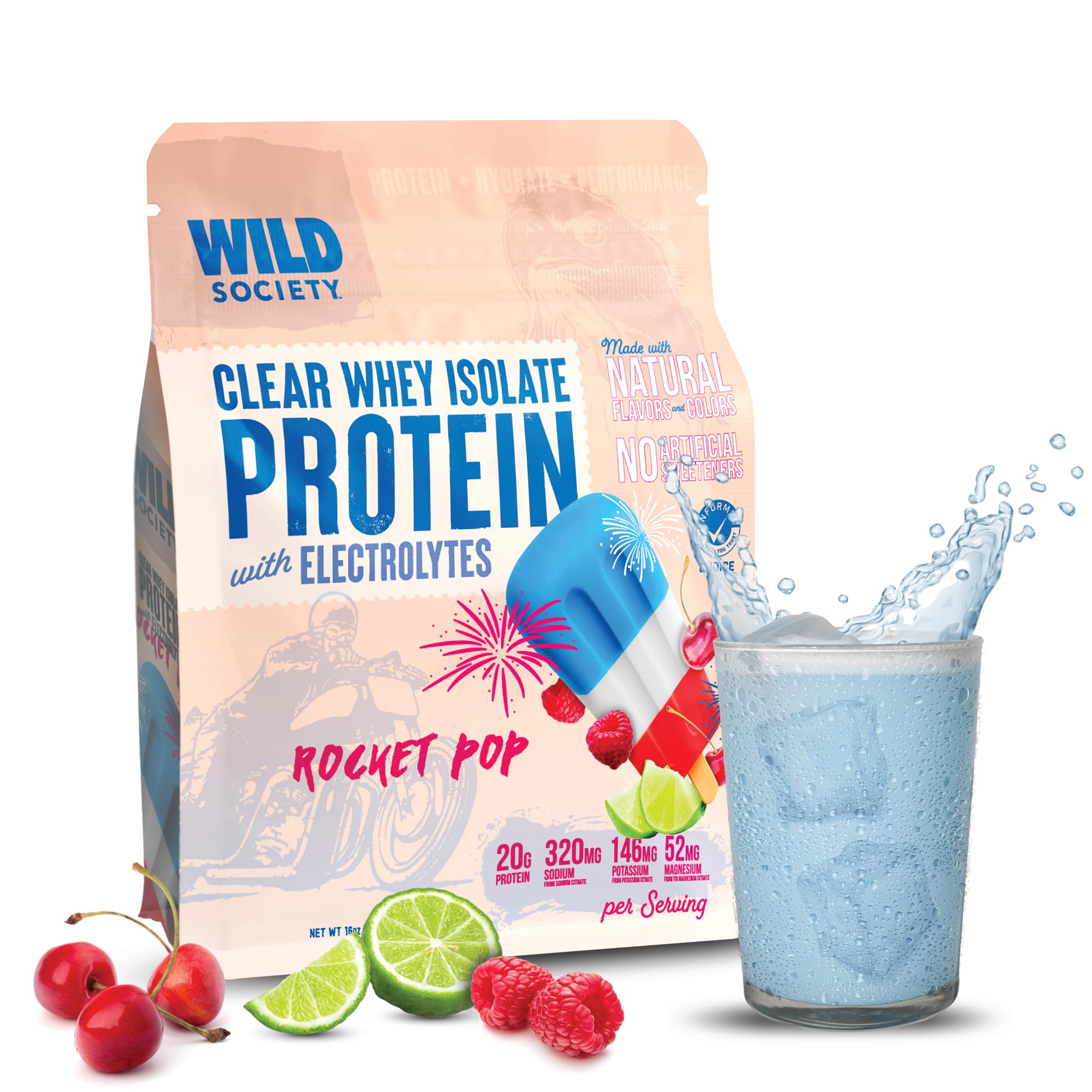 WILD SOCIETY Clear Whey bottle pour shows 20 g protein and electrolytes.