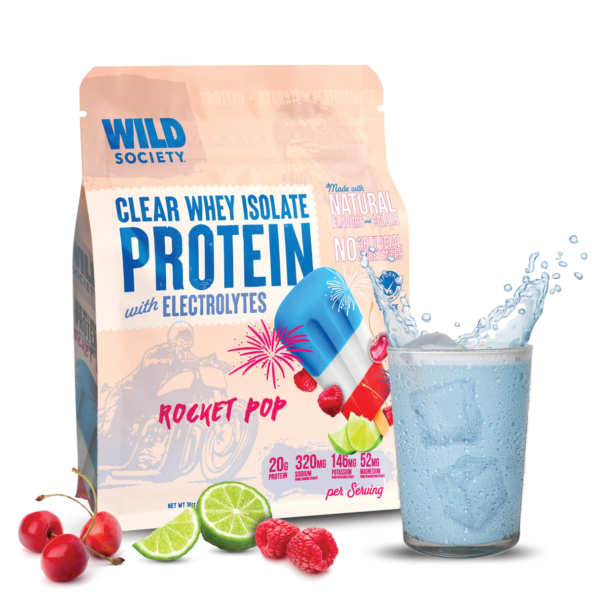 WILD SOCIETY Clear Whey bottle pour shows 20 g protein and electrolytes.