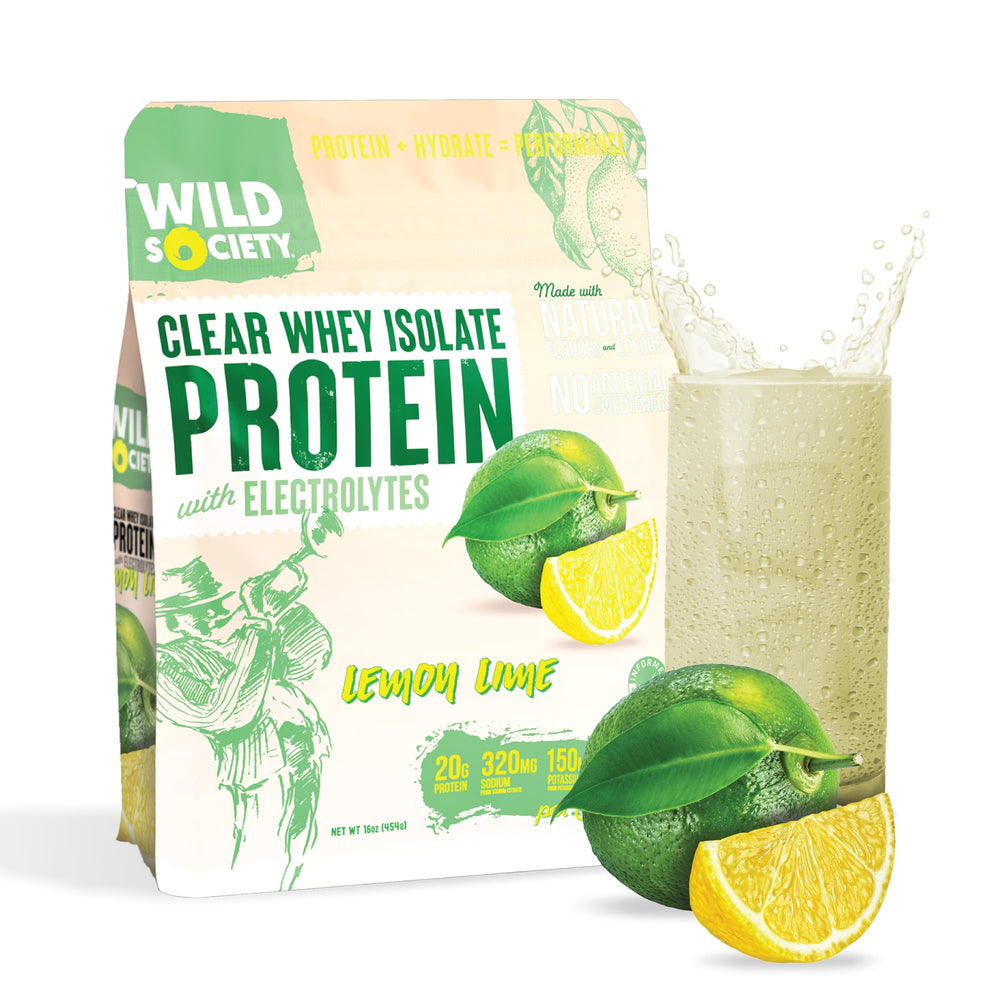 Wild Society Clear Whey bottle pour for refreshing post-workout hydration and protein.