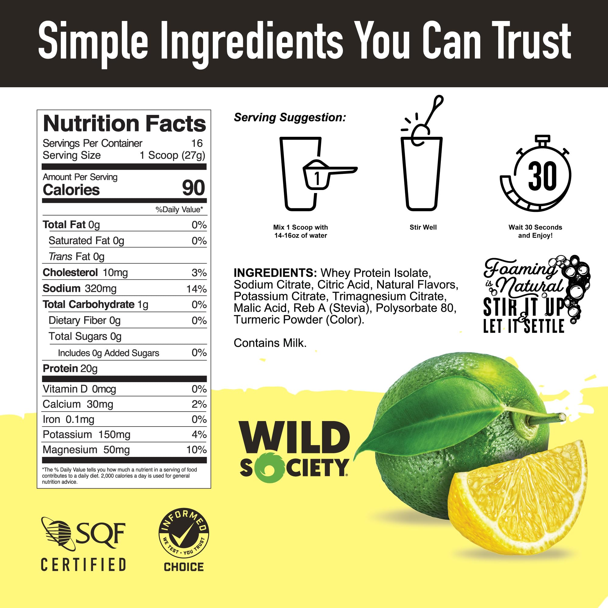 Wild Society clear whey powder pack highlights clean ingredients and allergen-free formula.