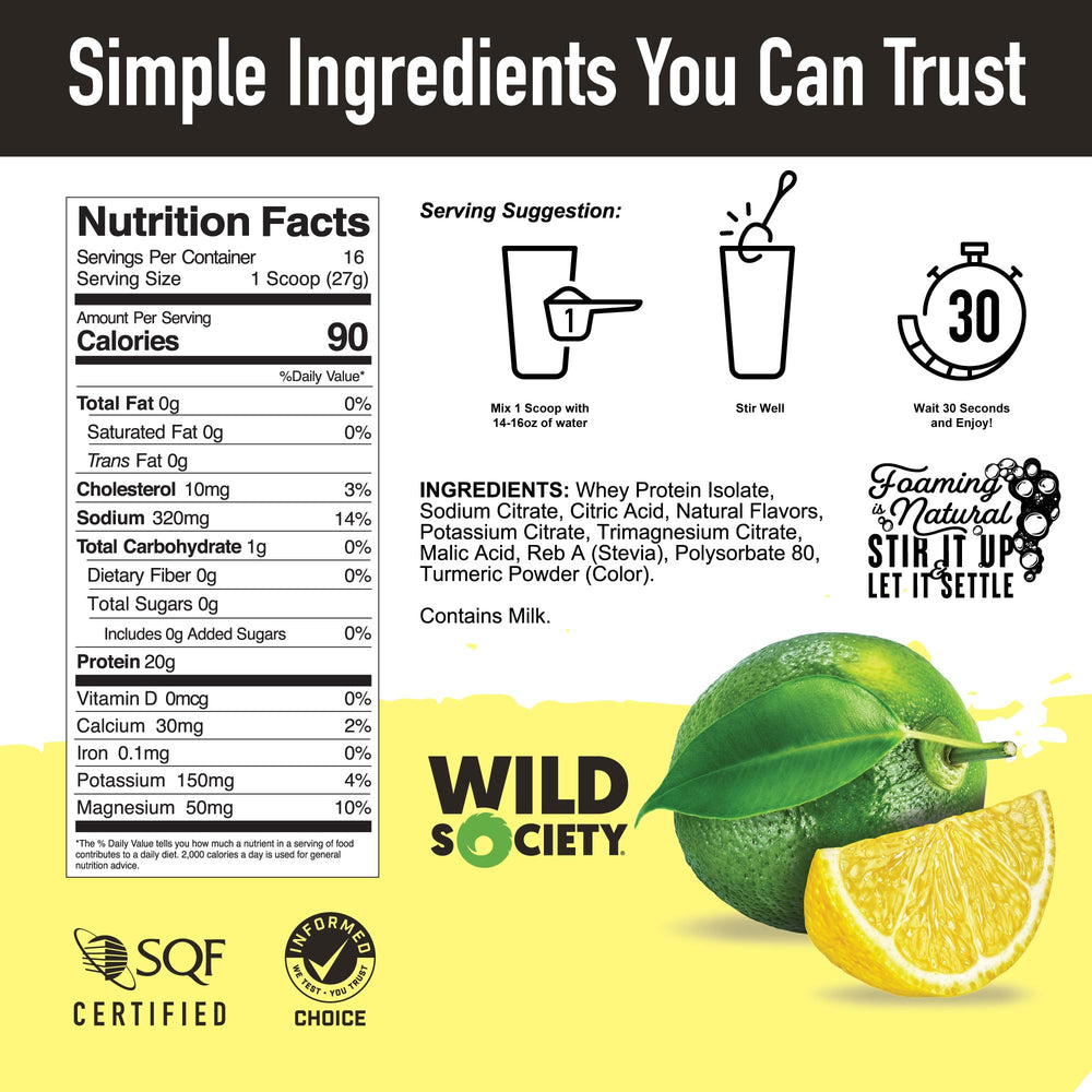 Wild Society clear whey powder pack highlights clean ingredients and allergen-free formula.