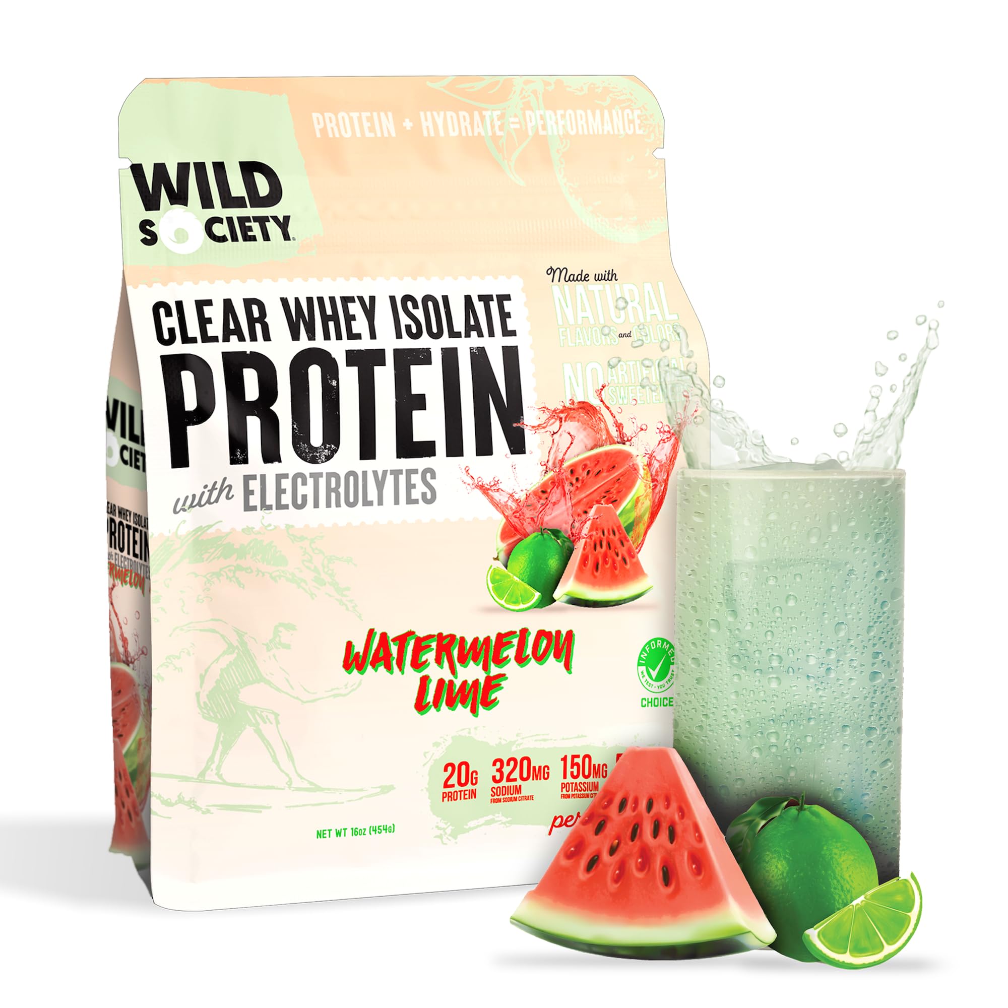 Wild Society Clear Whey Protein powder with electrolytes for post-workout hydration.
