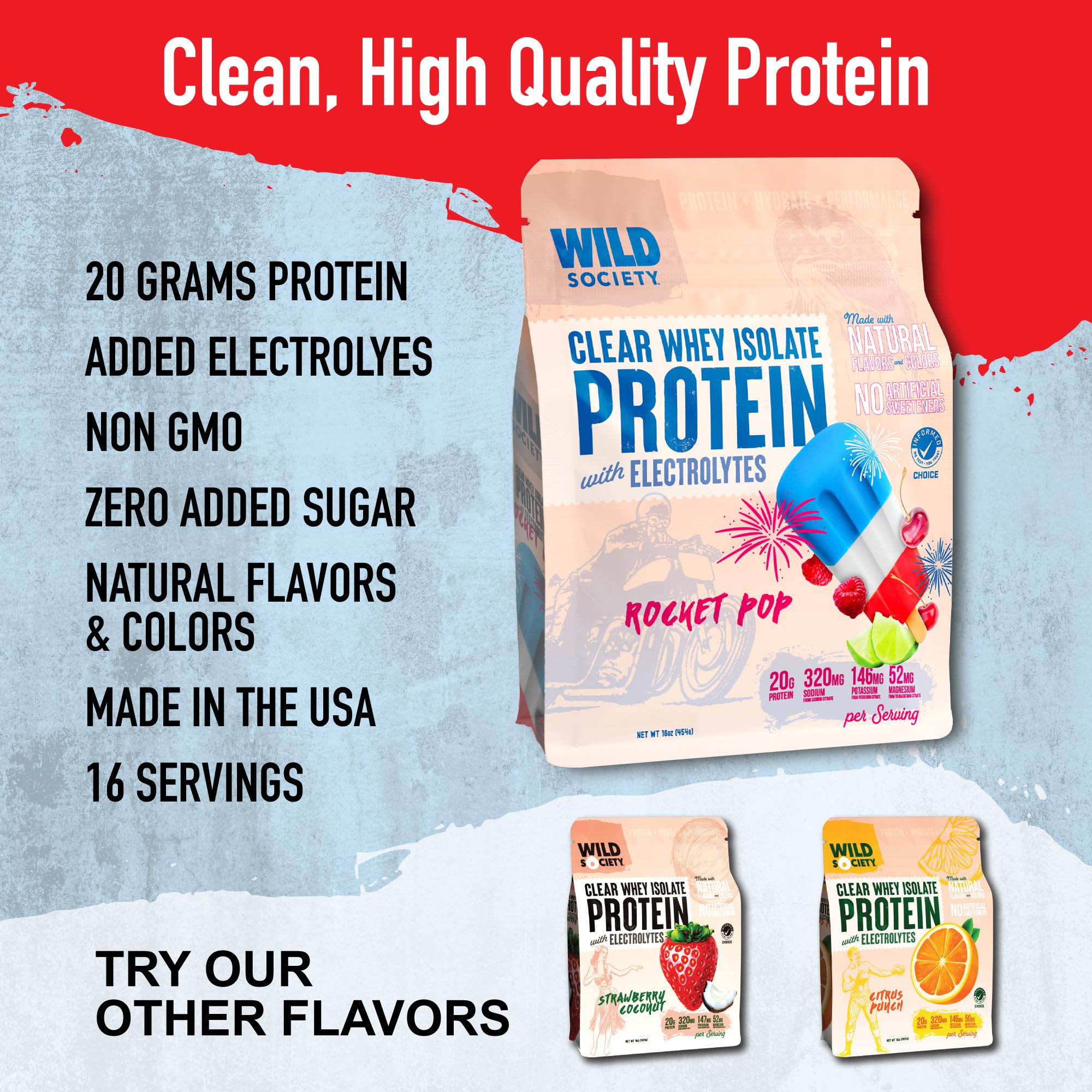 WILD SOCIETY Shaker mixes clear whey for a light juice-like texture.