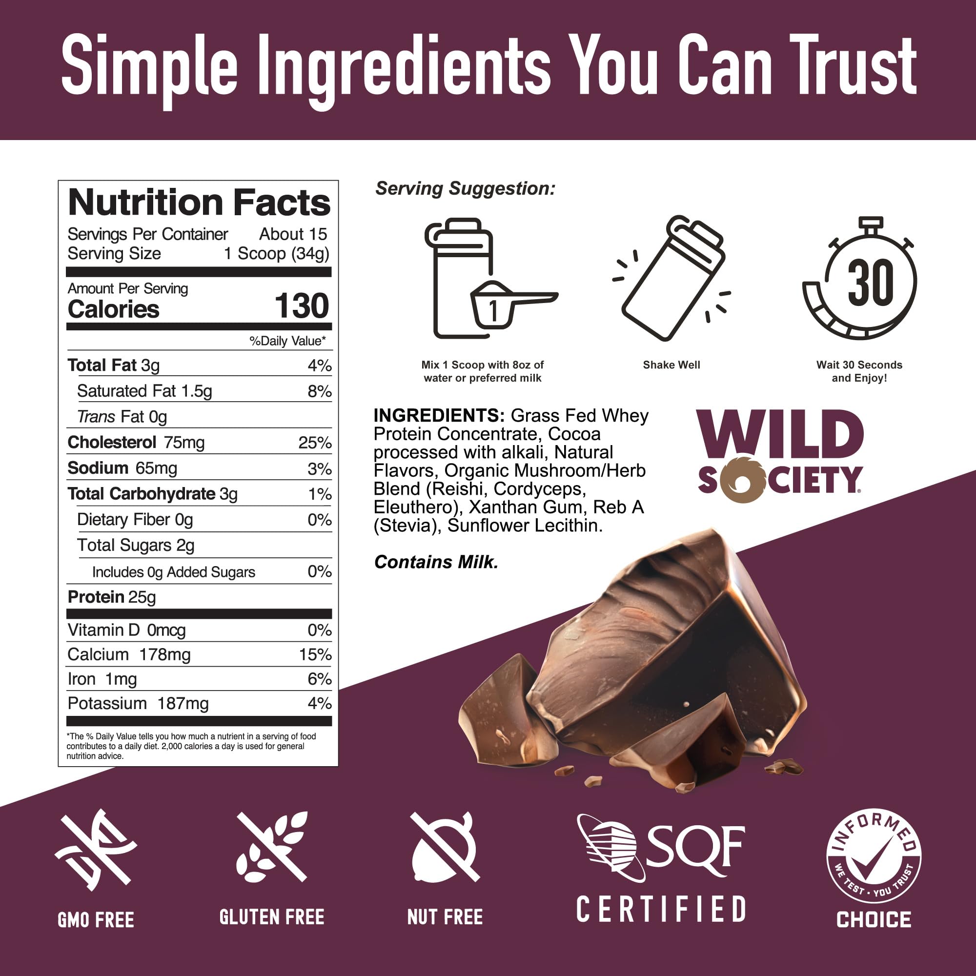 WILD SOCIETY Reishi and Cordyceps visuals suggest adaptogen benefits for focus.