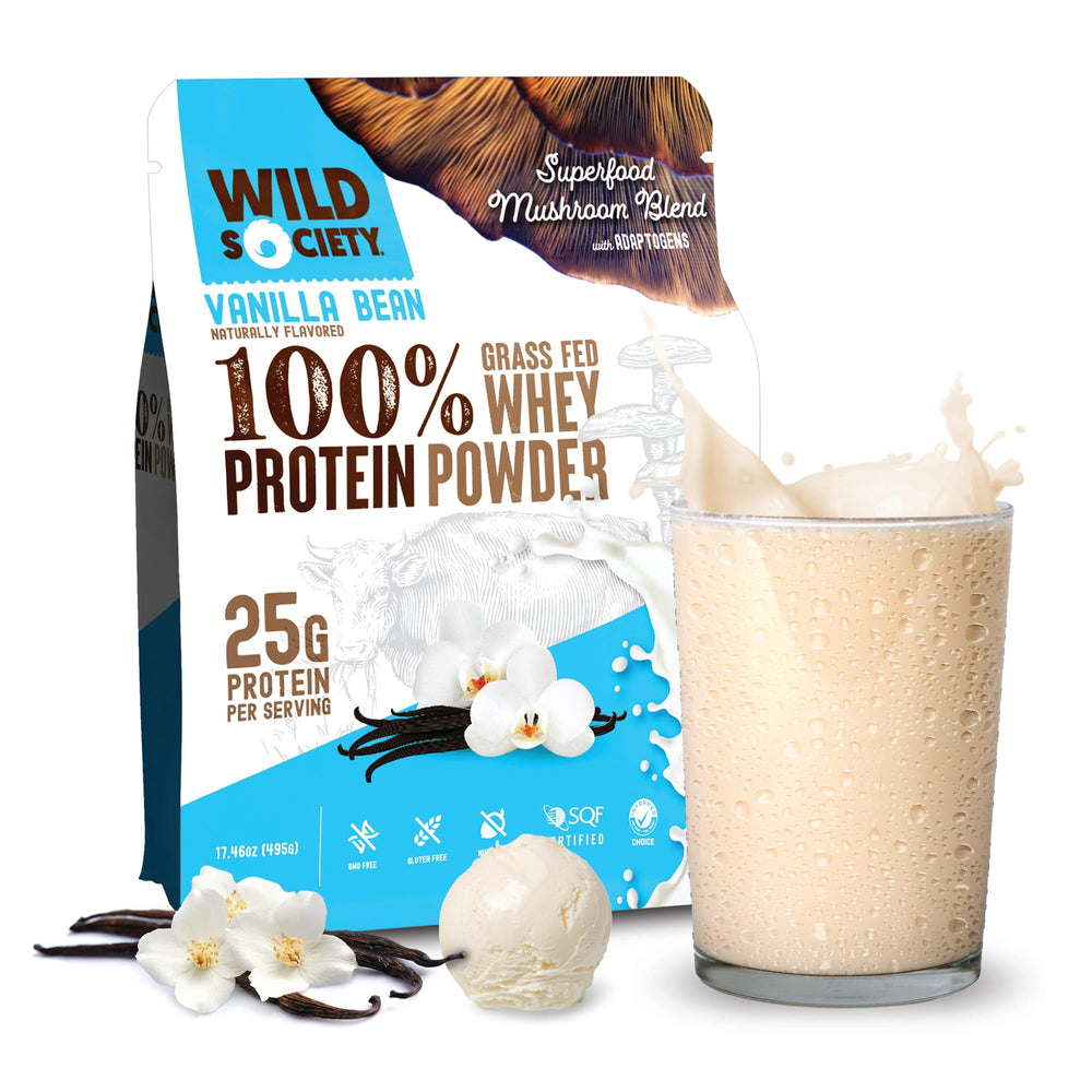 WILD SOCIETY vanilla bean whey tub ready for a smooth post-workout shake