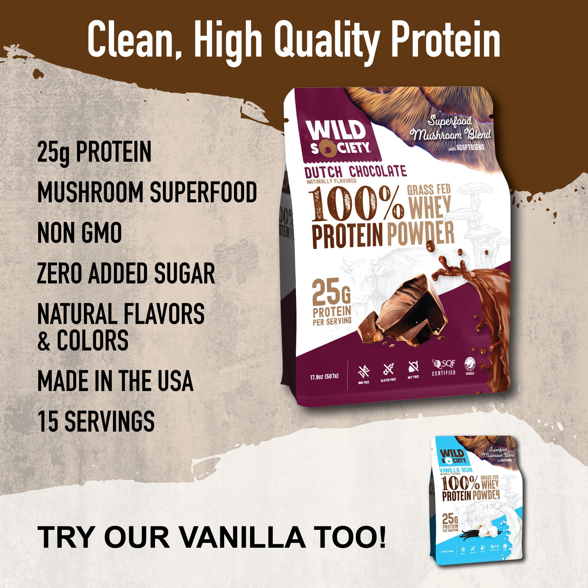 WILD SOCIETY 25g scoop shows accurate serving for daily protein goals.