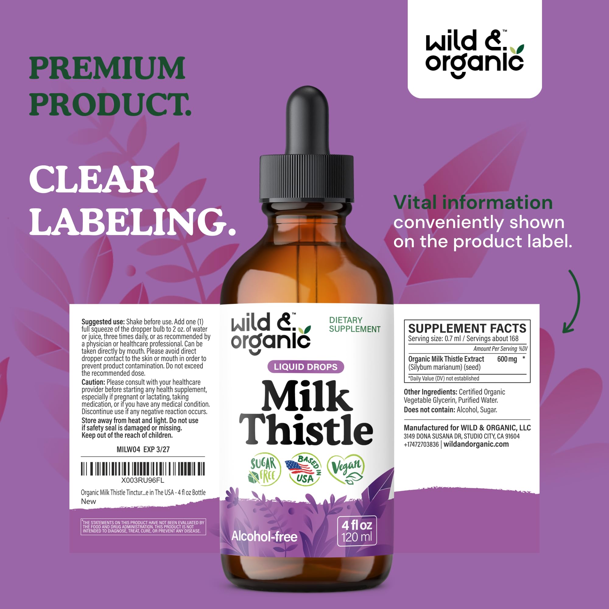 Wild and Organic Milk Thistle Liquid Drops dosing bottle on kitchen counter for daily routines