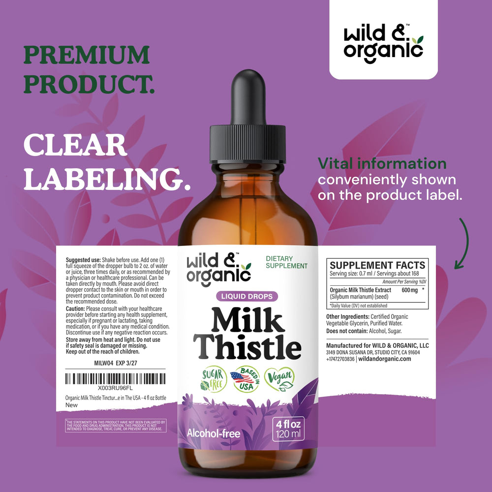 Wild and Organic Milk Thistle Liquid Drops dosing bottle on kitchen counter for daily routines
