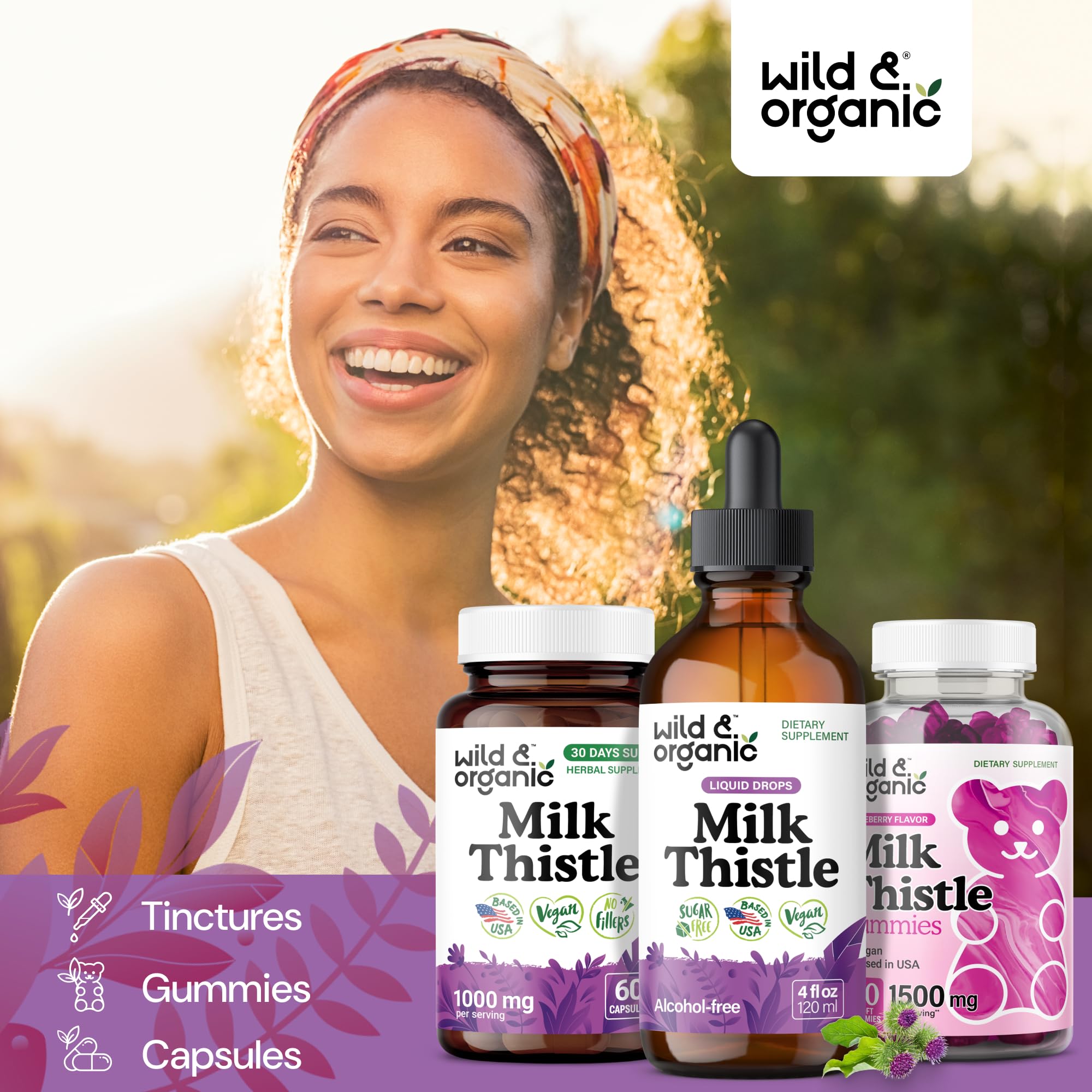 Wild and Organic Milk Thistle Liquid Drops glass bottle showing natural glycerin-based tincture