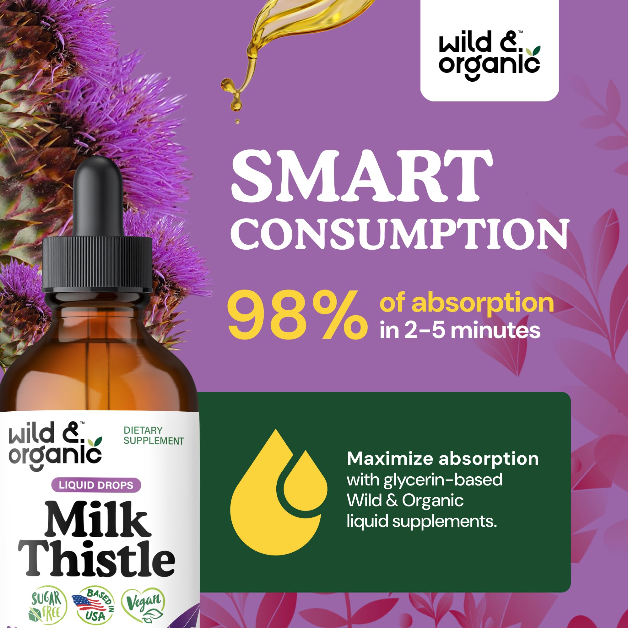 Wild and Organic Milk Thistle Liquid Drops label highlights vegan and alcohol-free formula