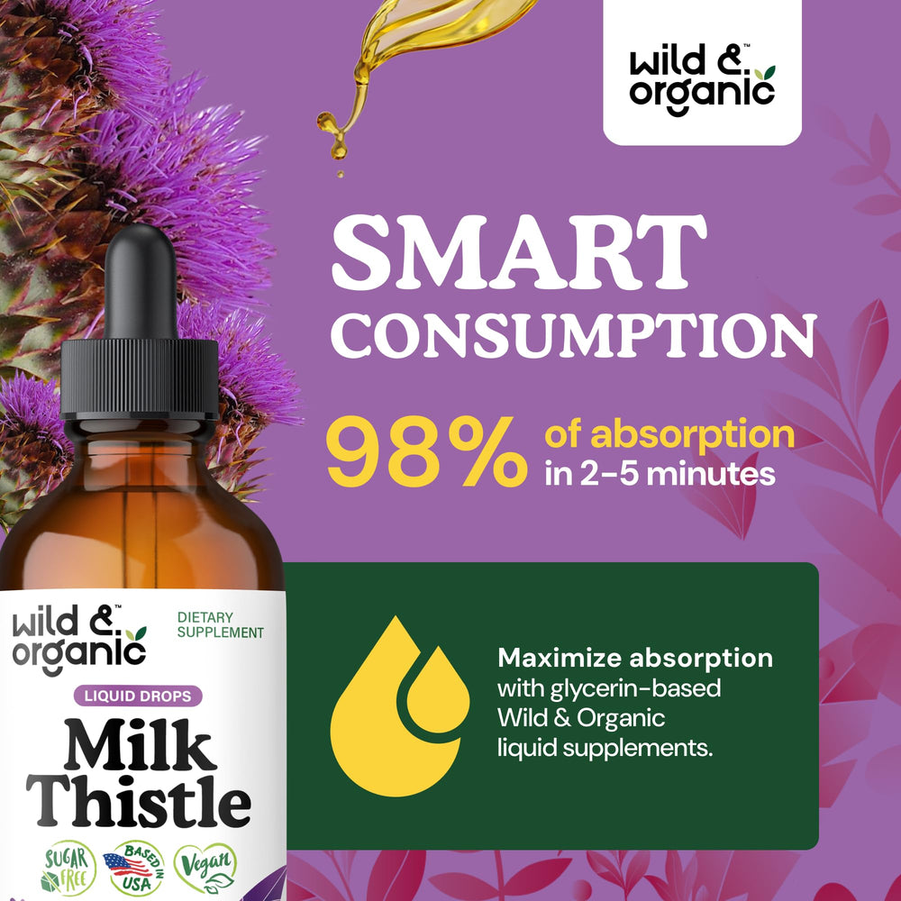 Wild and Organic Milk Thistle Liquid Drops label highlights vegan and alcohol-free formula