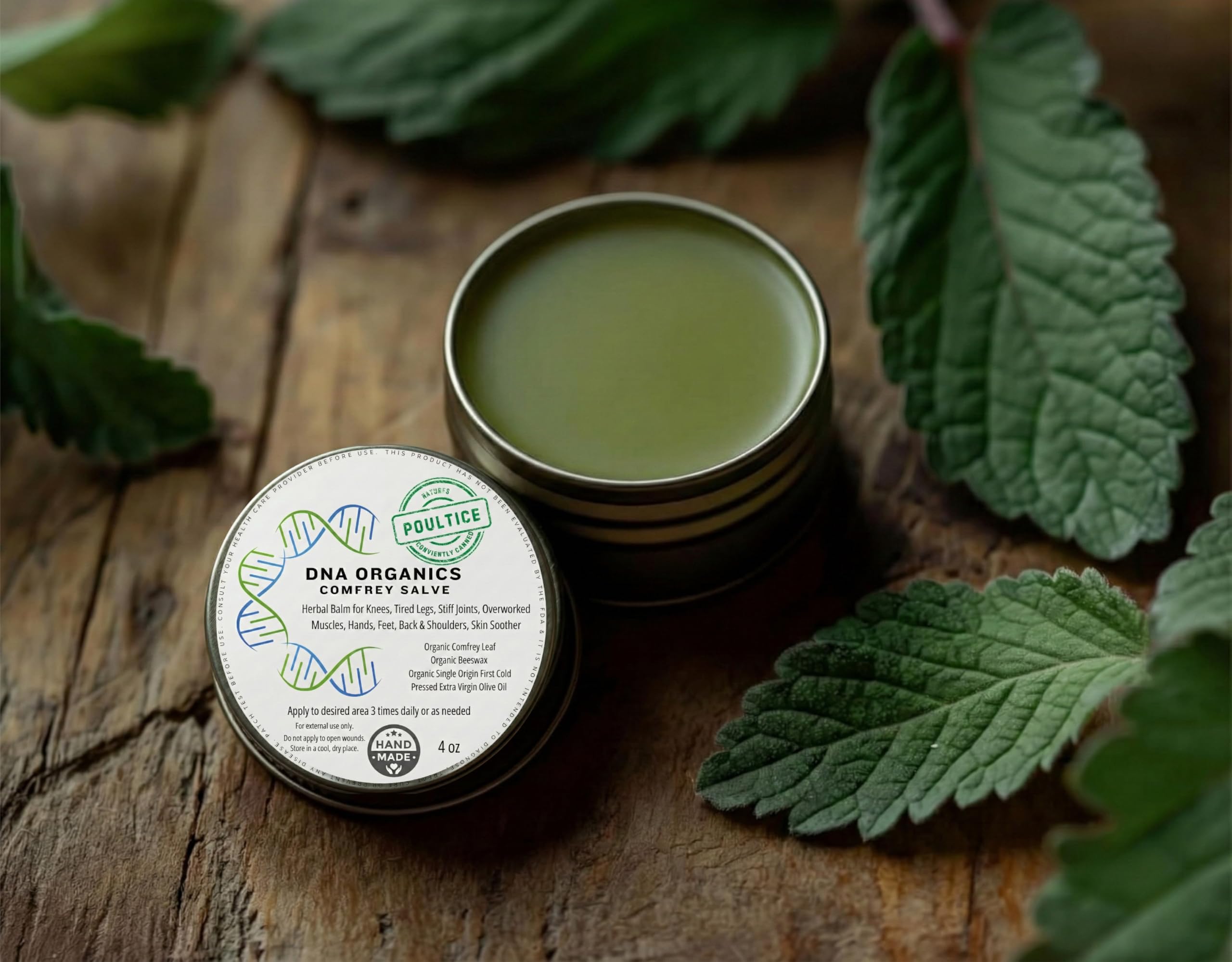 Wild Castle DNA Organics Comfrey Salve tub closeup reveals creamy texture and natural ingredients