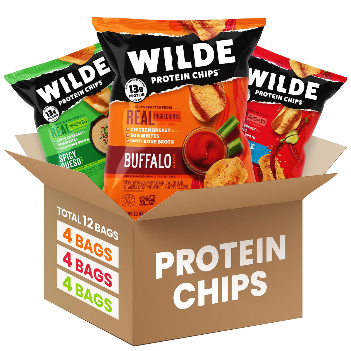 Wilde Chips Buffalo bag shows a high-protein, gluten-free spicy snack.