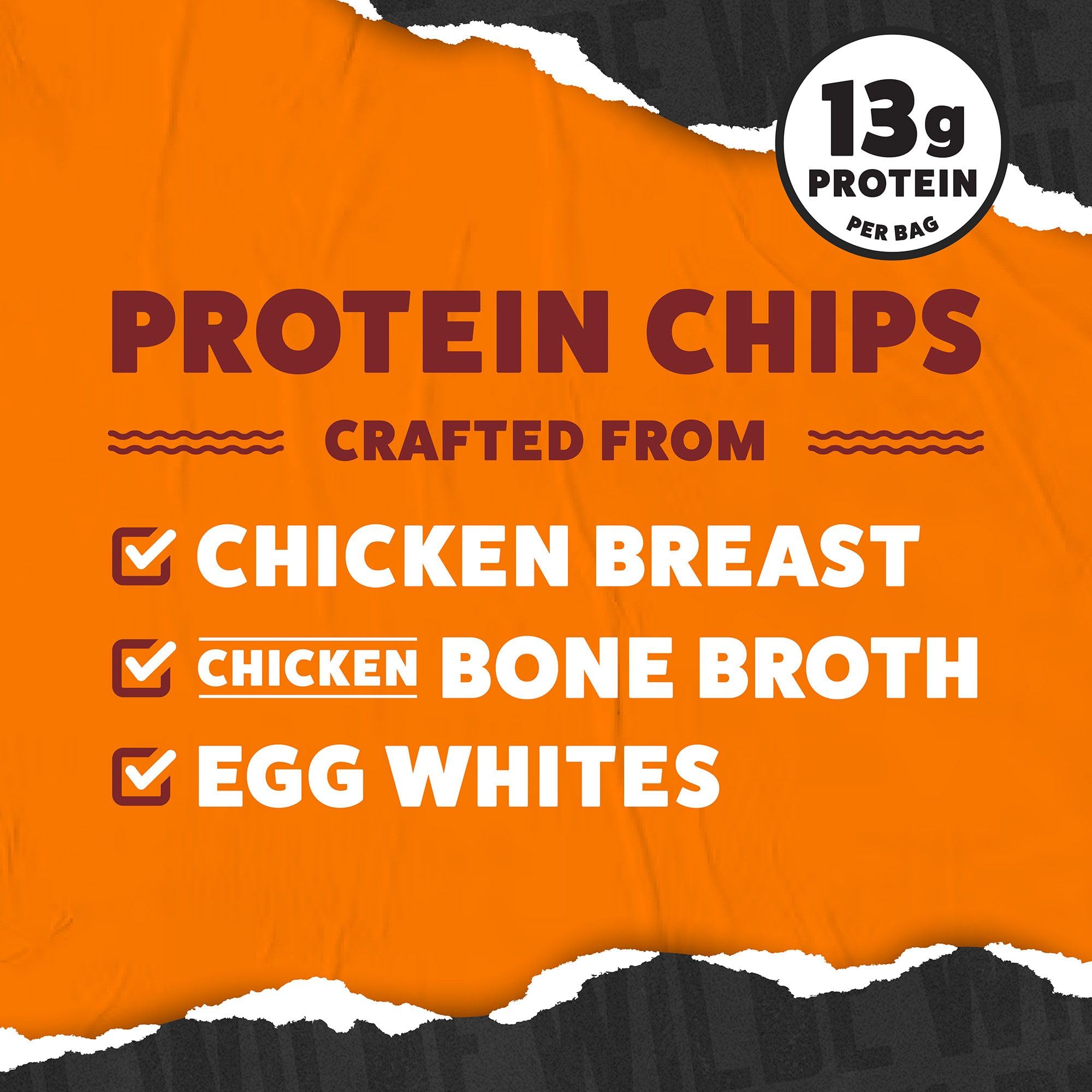 Wilde Chips ingredients closeup shows real chicken and bone broth.