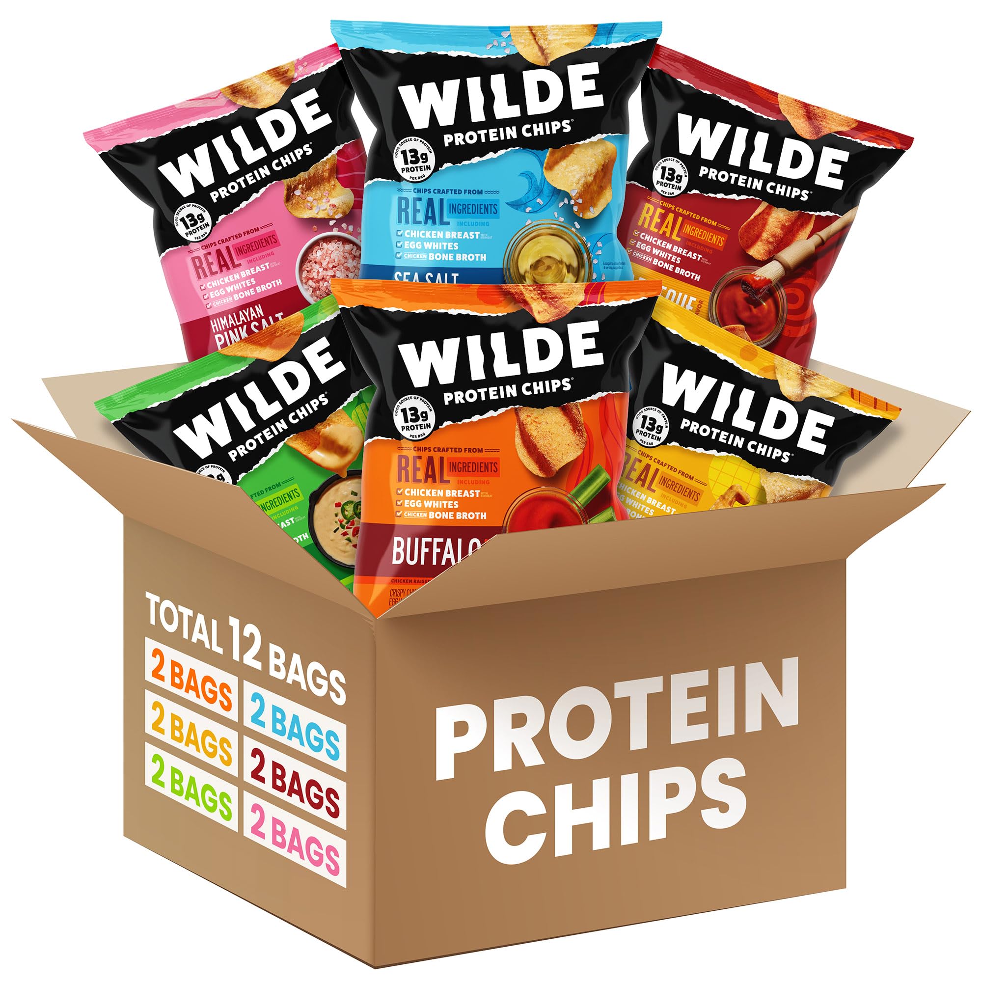 WILDE Chips protein pack variety showcases six flavors for keto-friendly snacking.