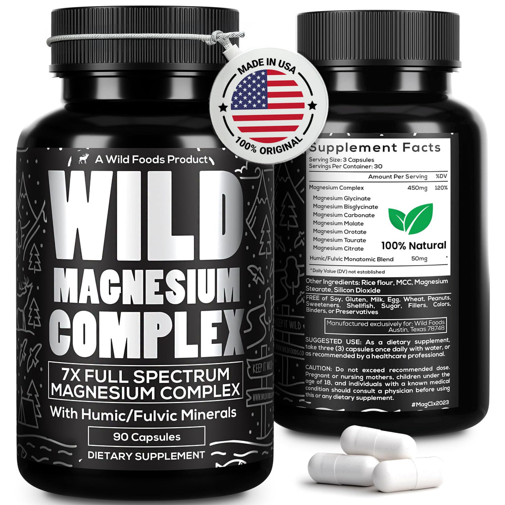 Wild Foods Magnesium Complex bottle front — supports daily wellness with full-spectrum minerals.