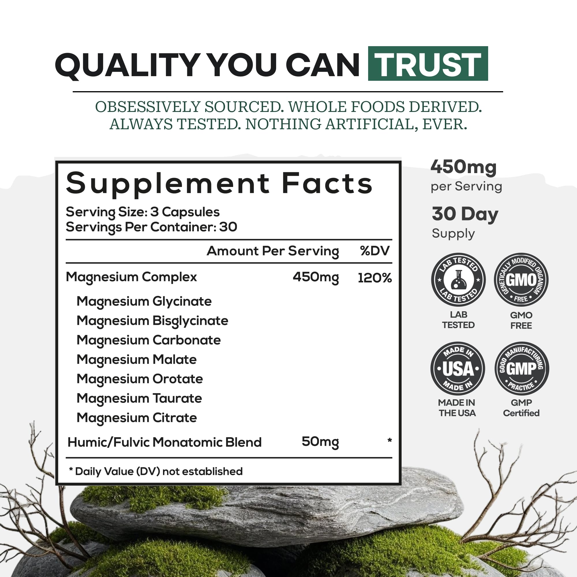 Wild Foods Magnesium Complex bottle open capsules — convenient daily supplement routine.