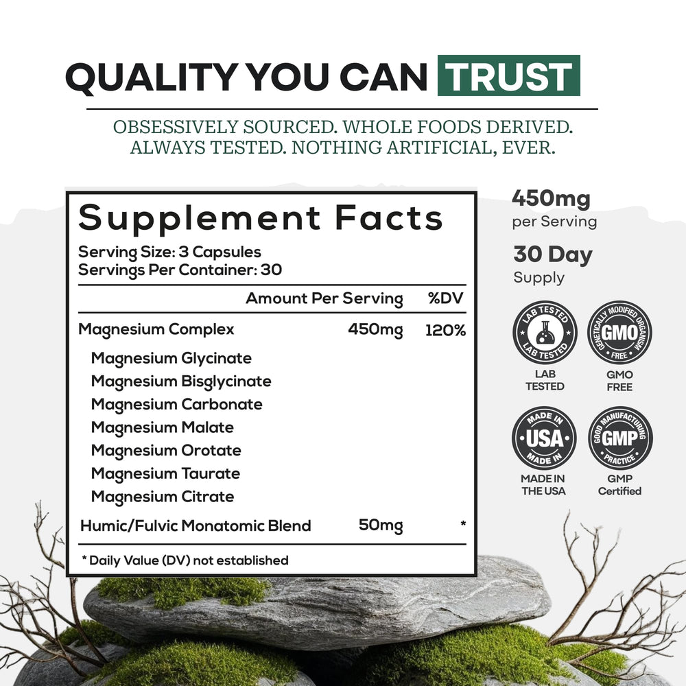 Wild Foods Magnesium Complex bottle open capsules — convenient daily supplement routine.
