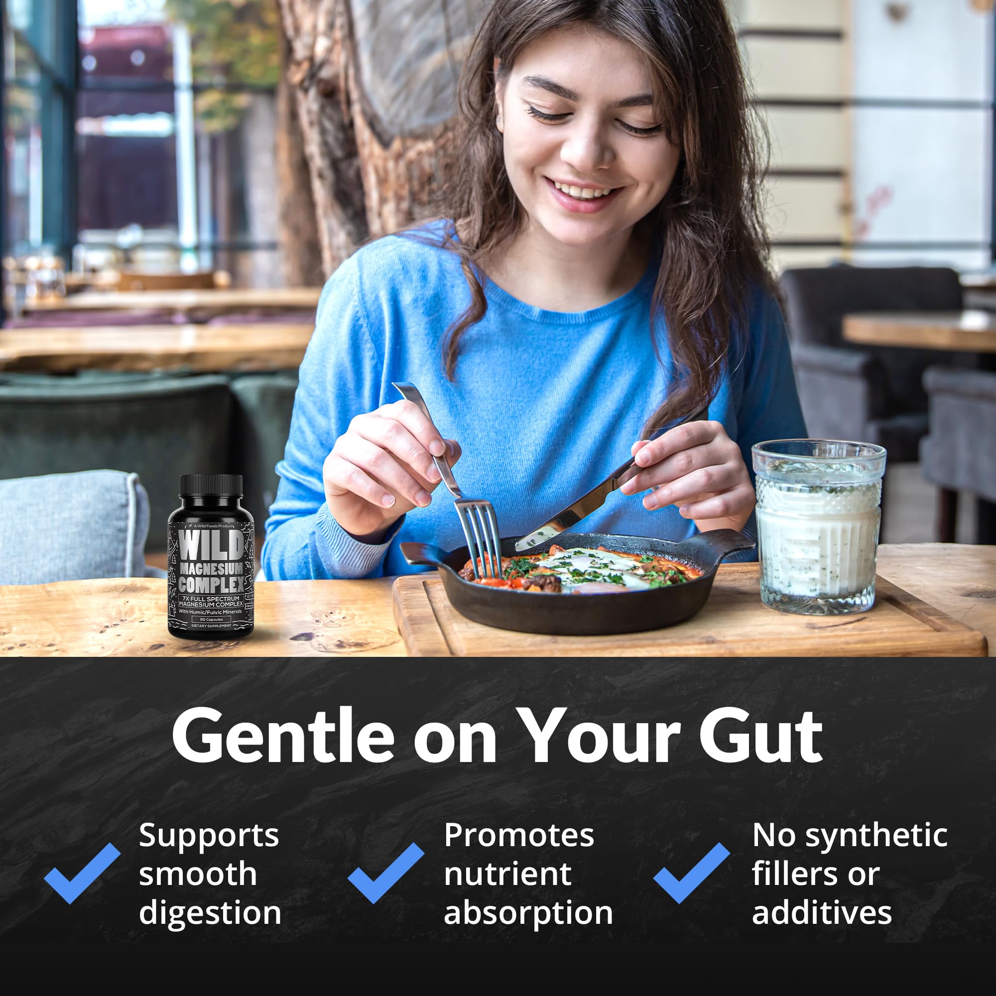 Wild Foods Magnesium Complex bottle with glass of water — quick ingestion with hydration.