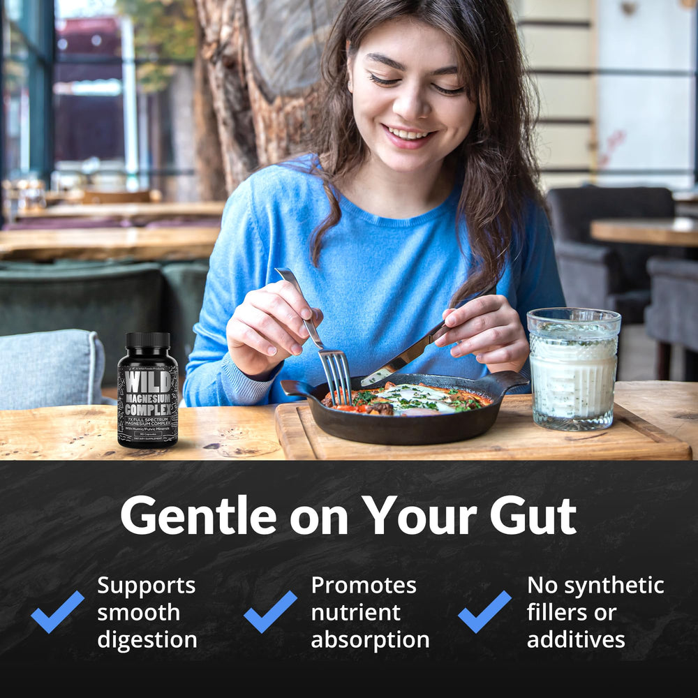 Wild Foods Magnesium Complex bottle with glass of water — quick ingestion with hydration.