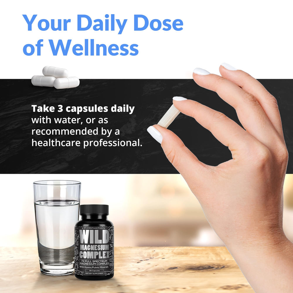 Wild Foods Magnesium Complex flatlay — 7 forms highlighted for comprehensive mineral support.