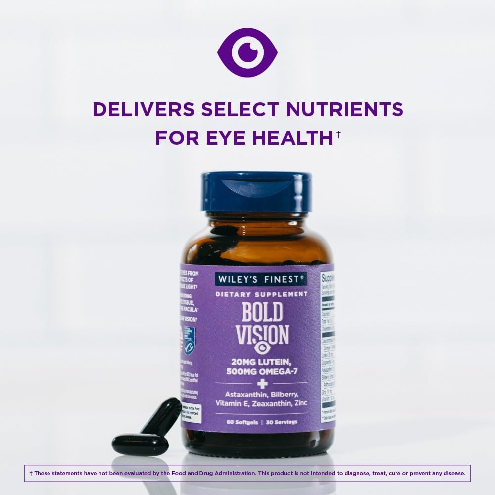 Wiley's Finest Bold Vision softgels closeup with two-per-day serving.