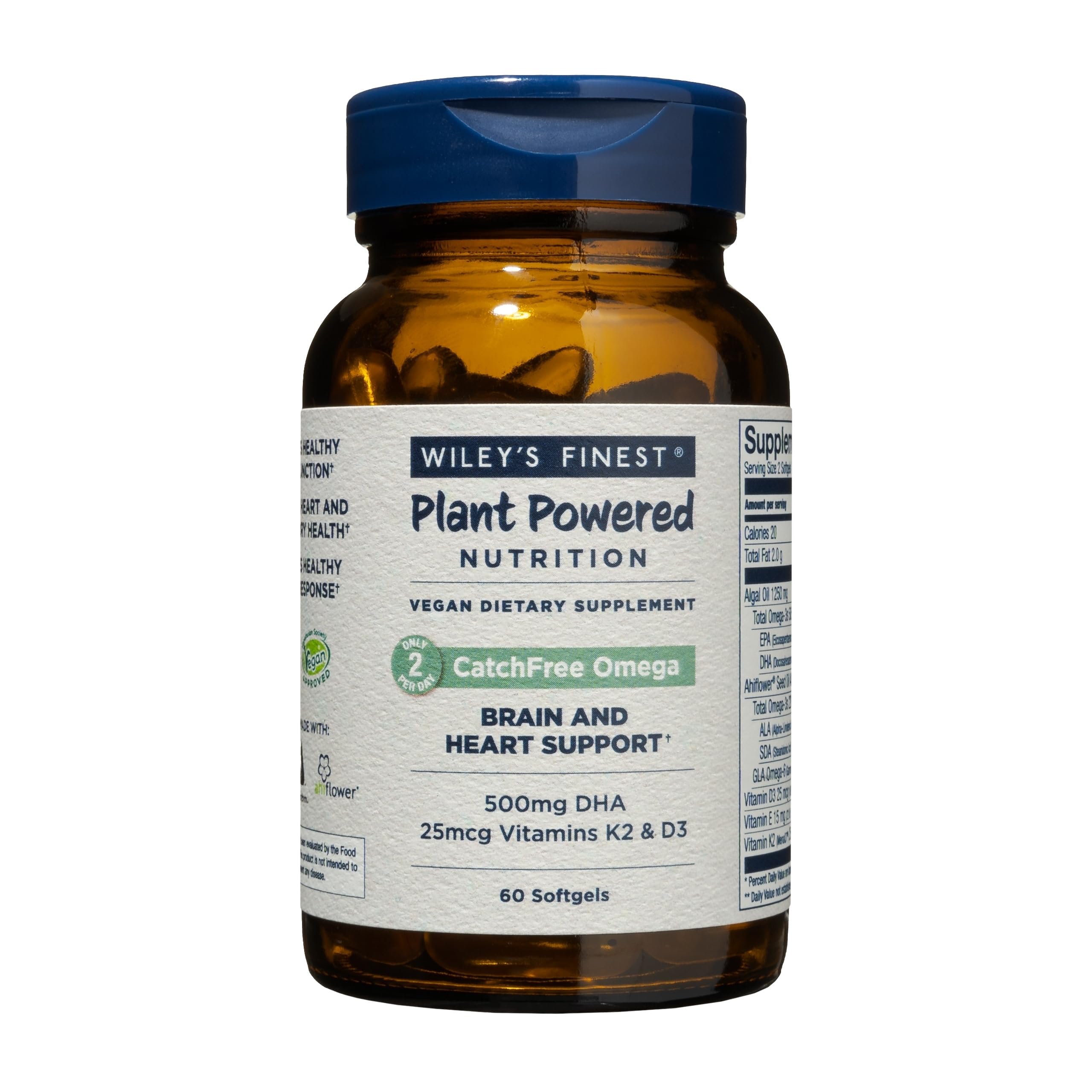 Wiley's Finest CatchFree Omega bottle with pour showing algae-based omega-3 for heart support.