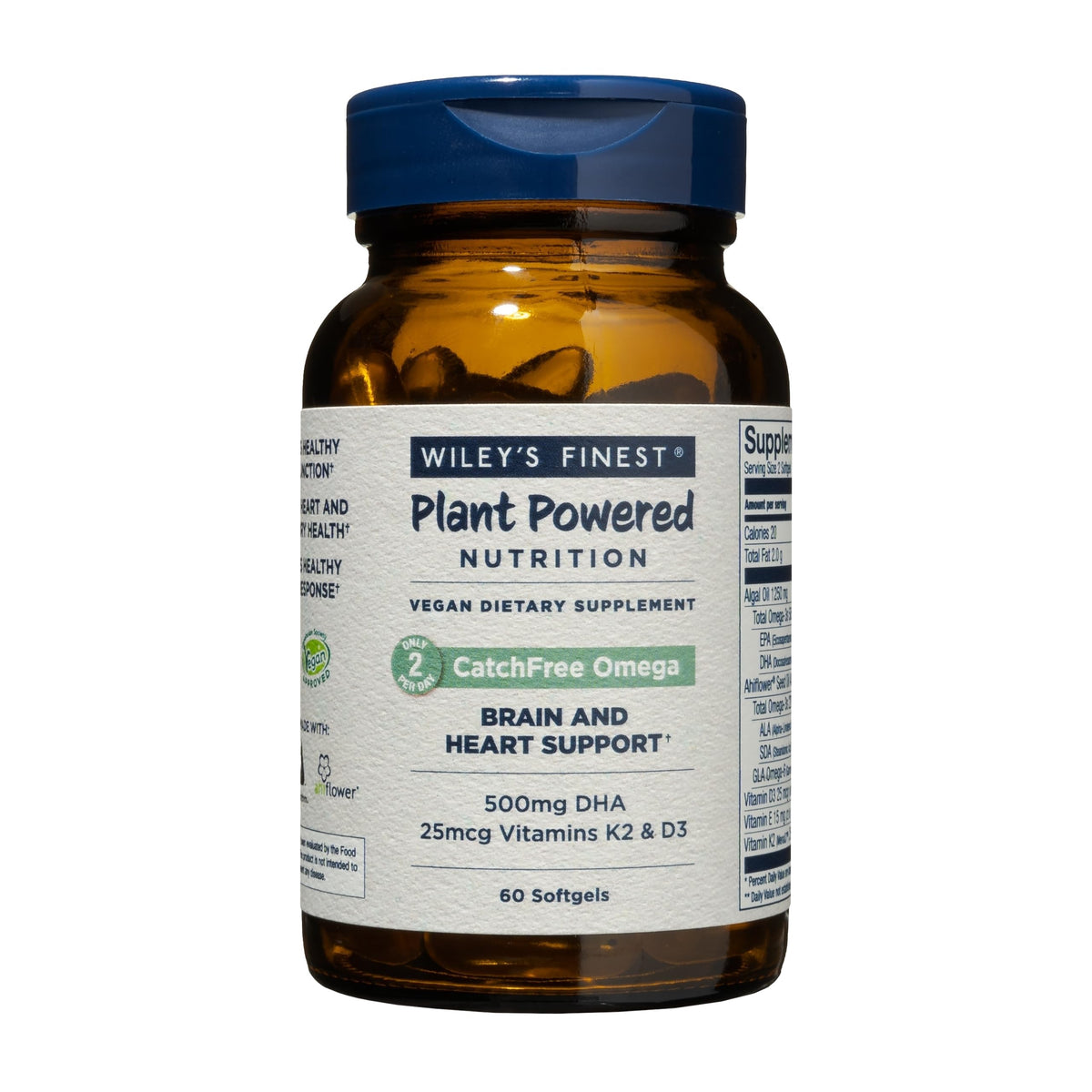 Wiley's Finest CatchFree Omega bottle with pour showing algae-based omega-3 for heart support.
