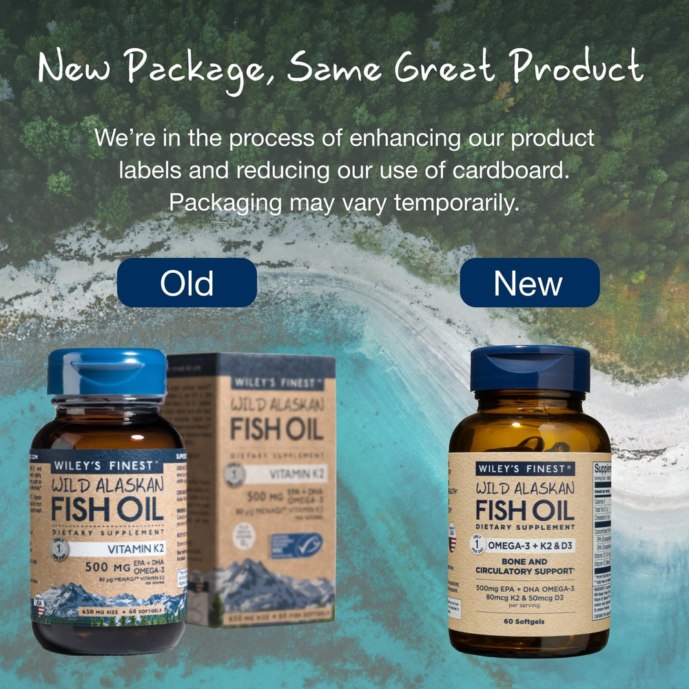 Wiley's Finest 60-serving icon showing daily dosage with softgels
