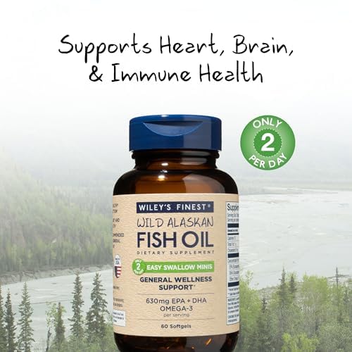 Wiley's Finest dual-dose mini softgels dispensed from bottle for easy taking.