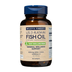 Wiley's Finest Easy Swallow Minis omega-3 softgels close-up for easier daily intake.