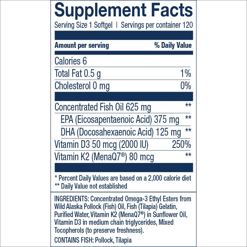 Wiley's Finest Omega3-K2-D3 softgels for convenient daily bone and heart support.