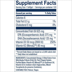 Wiley's Finest Omega3-K2-D3 softgels for convenient daily bone and heart support.