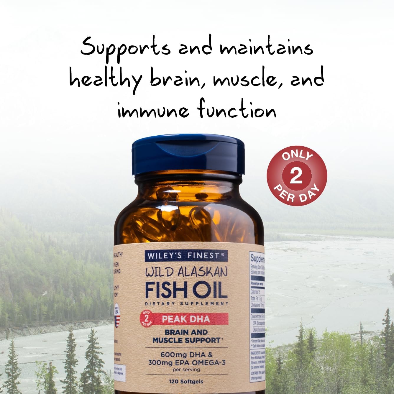 Wiley's Finest Peak DHA label close-up emphasizing 900 mg omega-3 per serving.