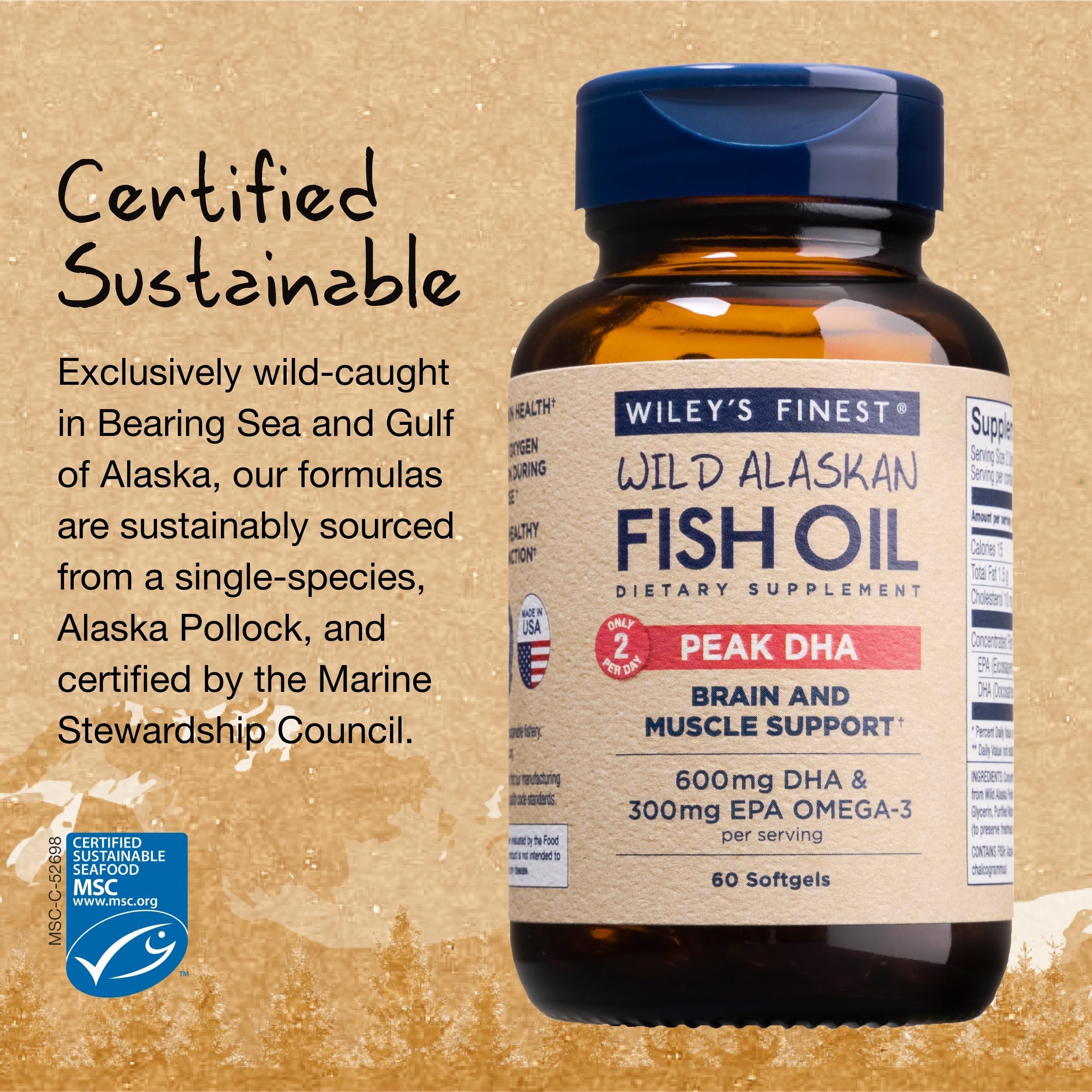 Wiley's Finest Peak DHA back label nutrition with DHA and EPA amounts.