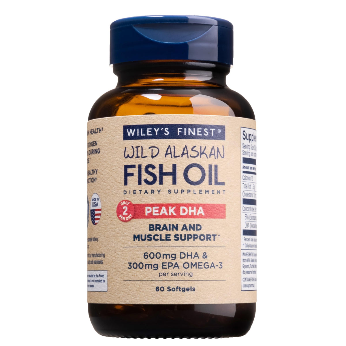 Wiley's Finest Peak DHA bottle front label highlighting omega-3 potency for daily wellness.