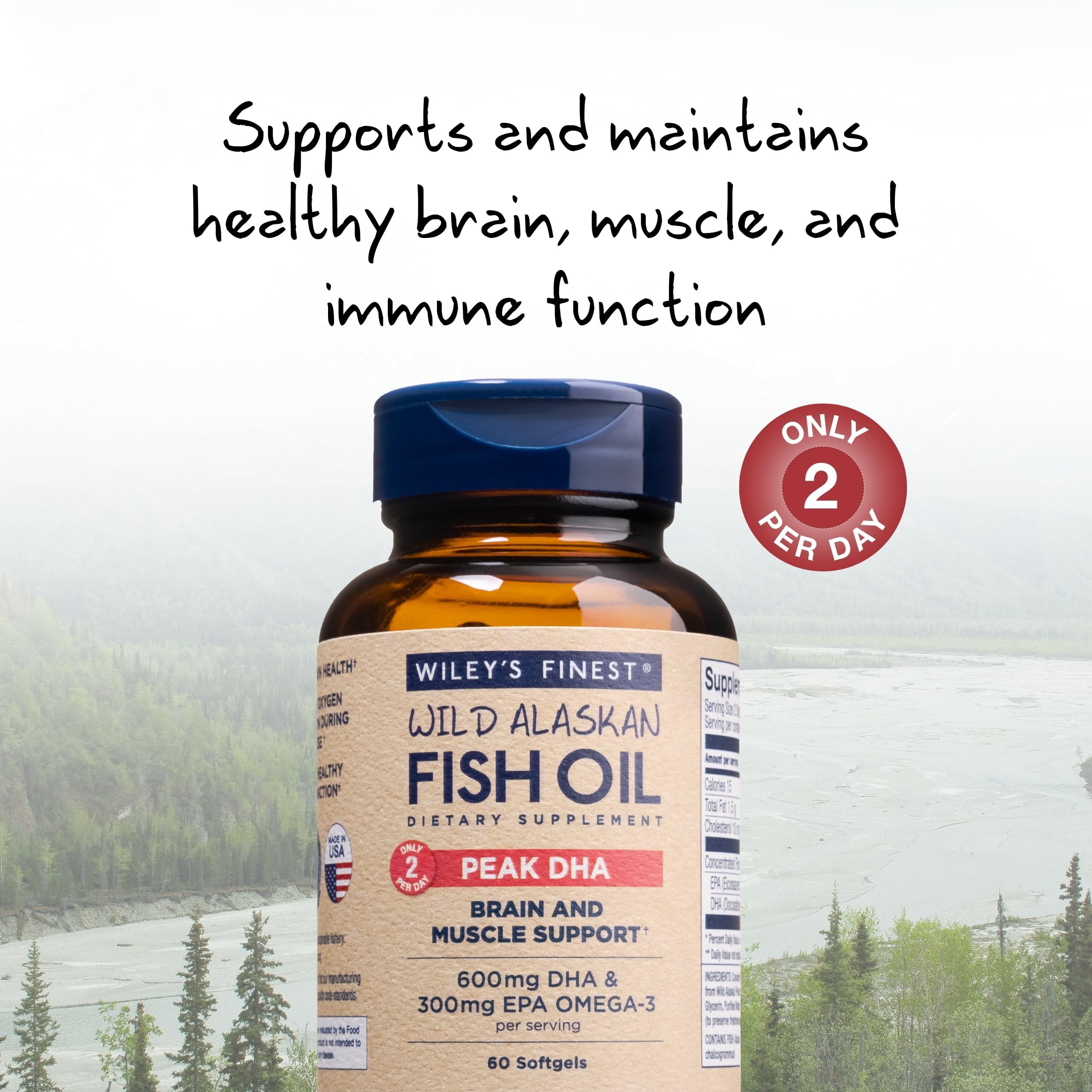 Wiley's Finest Peak DHA bottle pour showing simple two-pill daily dose.