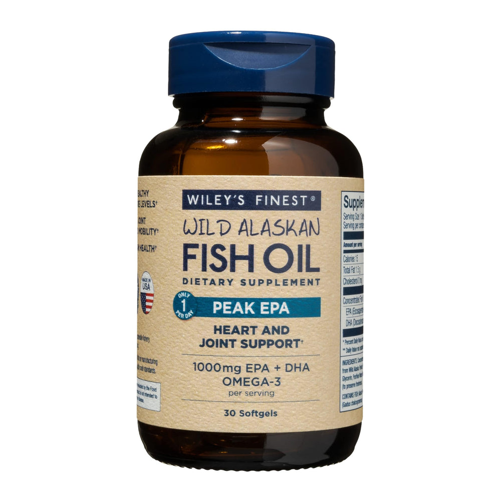 Wiley's Finest Peak EPA bottle-front illustrates high-potency omega-3 for daily support.