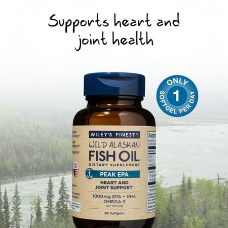 Wiley's Finest Peak EPA softgels closeup emphasizes 1,000 mg omega-3 per serving.