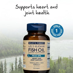 Wiley's Finest Peak EPA softgels closeup emphasizes 1,000 mg omega-3 per serving.
