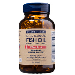 Wiley's Finest Wild Alaskan Fish Oil bottle front showing omega-3 potency.