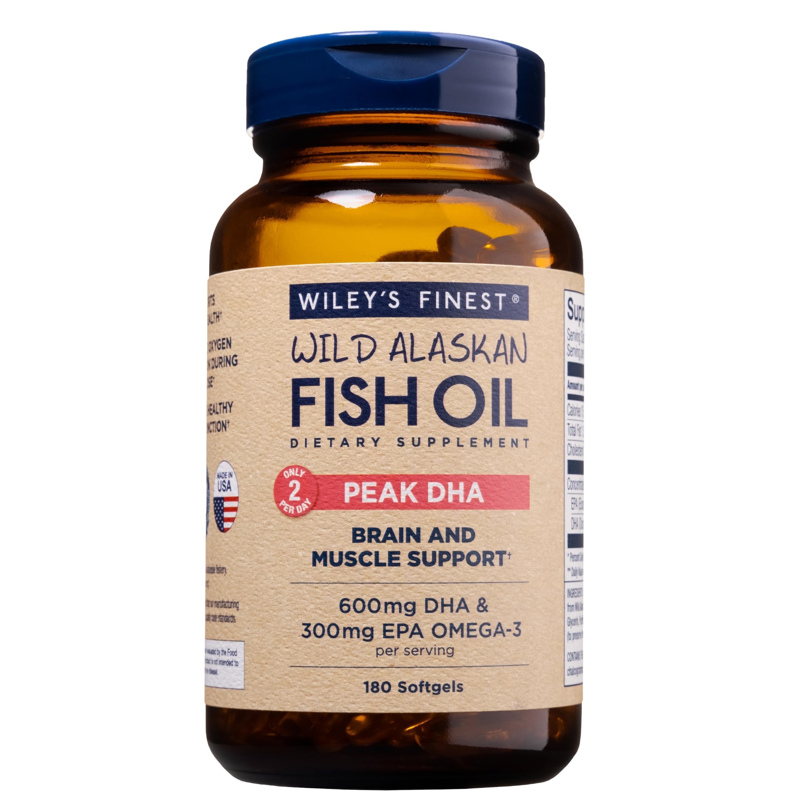 Wiley's Finest Peak DHA bottle highlighting the high-potency omega-3 blend.