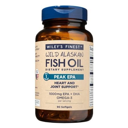 Wiley's Finest Peak EPA bottle front shows 1000 mg omega-3 potency for daily support