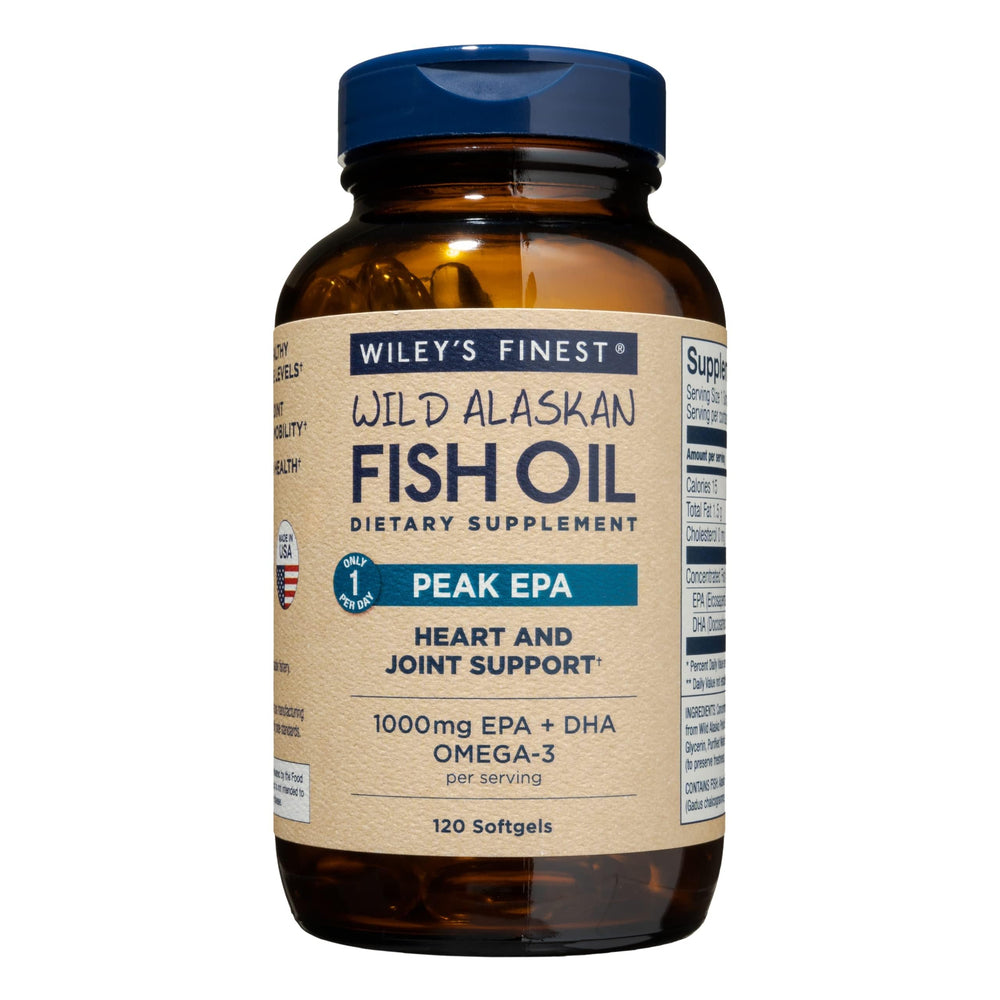 Wiley's Finest Peak EPA bottle highlighting high-potency omega-3 benefits that may support heart health.