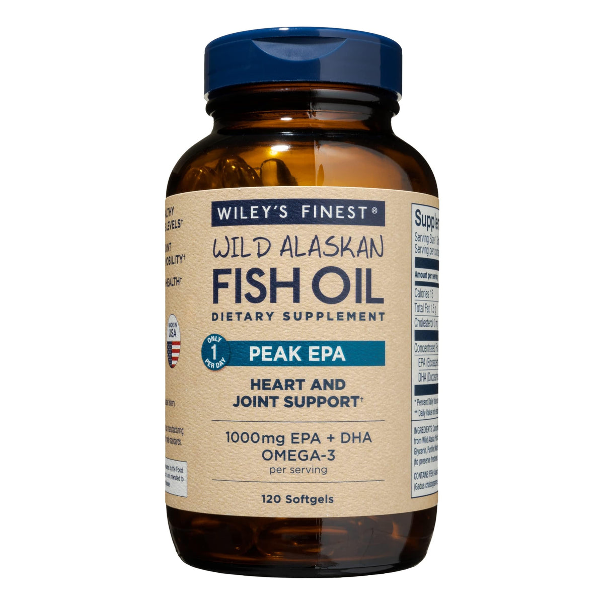 Wiley's Finest Peak EPA bottle highlighting high-potency omega-3 benefits that may support heart health.