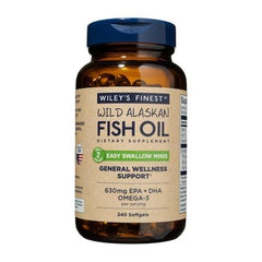 Wiley's Finest Easy Swallow Minis bottle with compact softgels for daily omega-3 support.