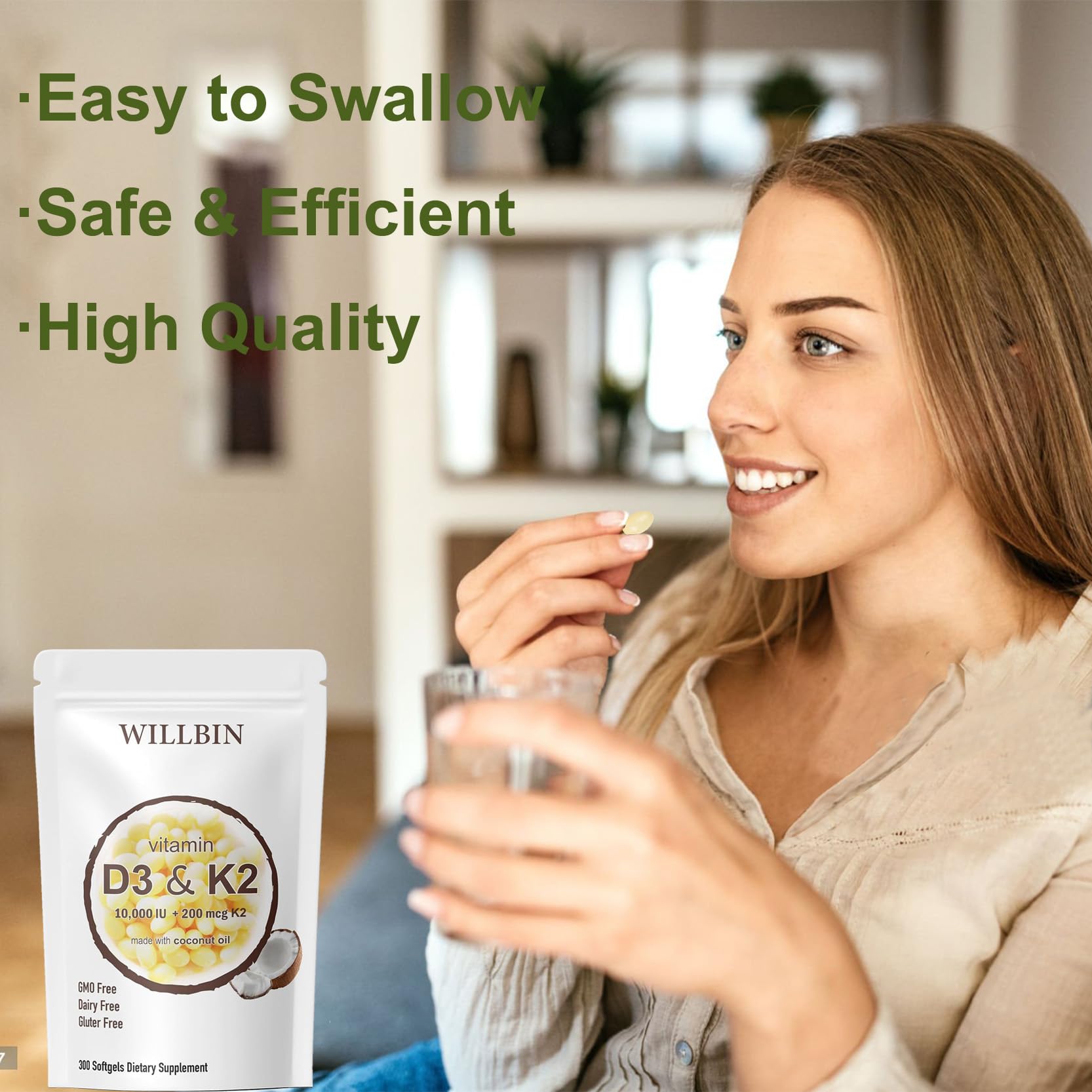 Willbin D3 K2 softgels close-up showing easy-to-swallow design