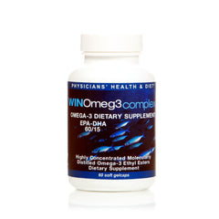WIN Worldwide WINOmeg3complex bottle showing purified omega-3 EPA and DHA.